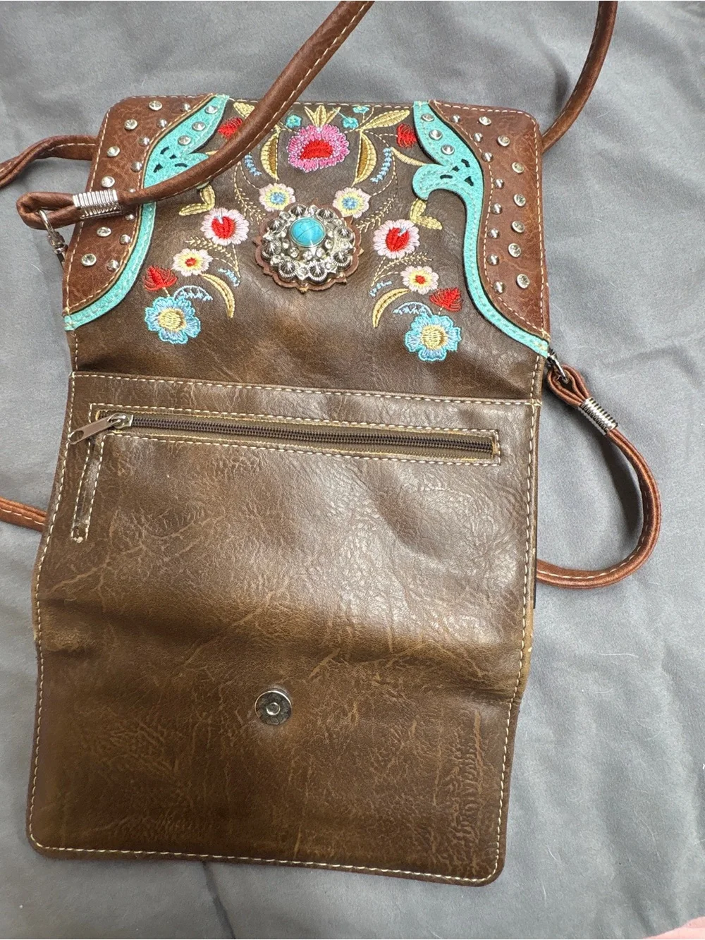 Boho Embroidered Brown Crossbody Bag with Turquoise Accents